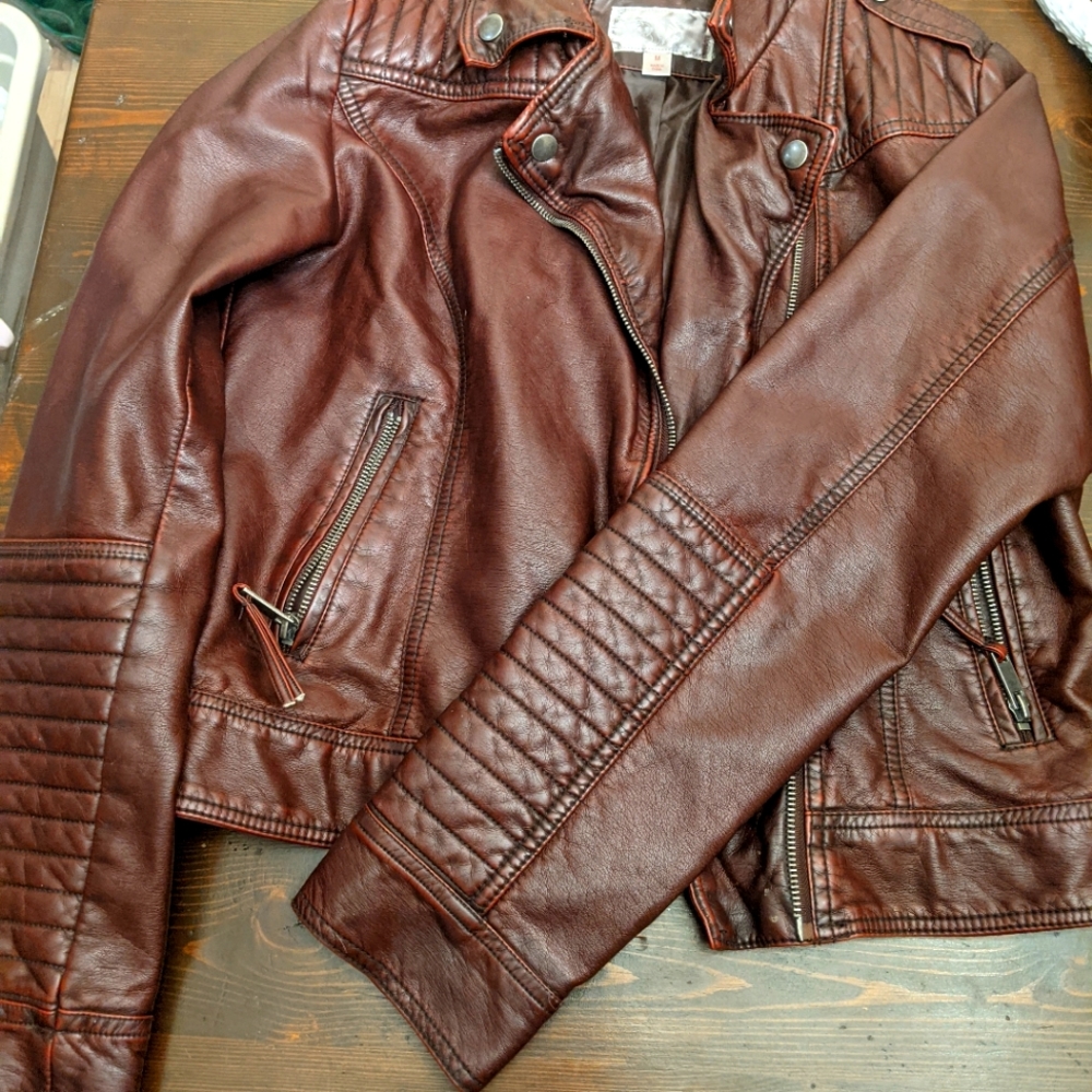 Red leather jacket.